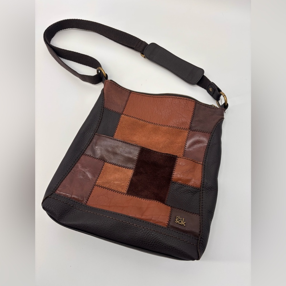 VINTAGE 90s Y2K THE SAK Patchwork Leather Crossbody Bag Brown Suede Boho Retro